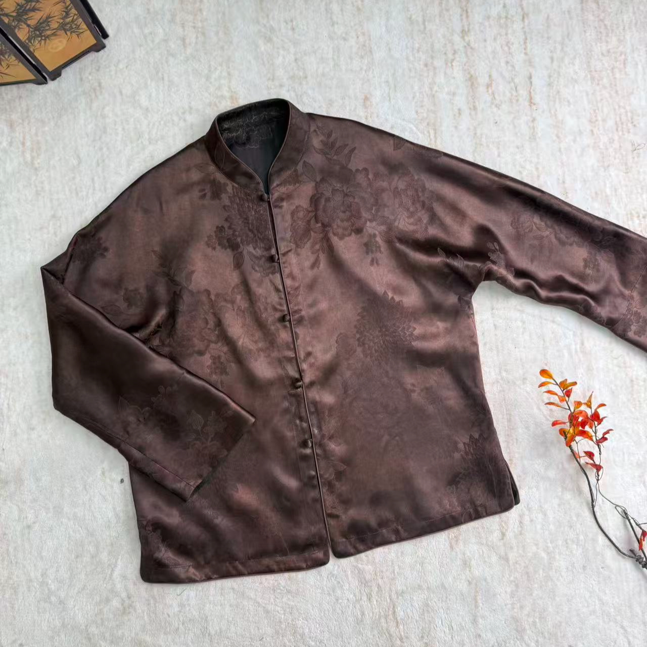 【卷卷新中式】“牡丹流芳”香云纱美拉德色50姆米皮子立领双穿外