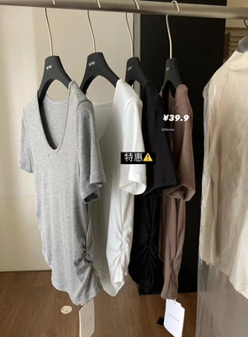 METWO&Hers捏褶掐腰 巨显瘦V领短袖上衣女装夏季薄款韩版T恤08429