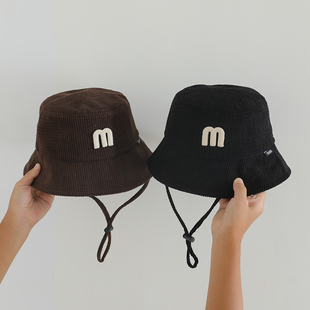 ins新款宝宝帽子秋冬季韩版时尚M字母灯芯绒男女童渔夫帽儿童盆帽