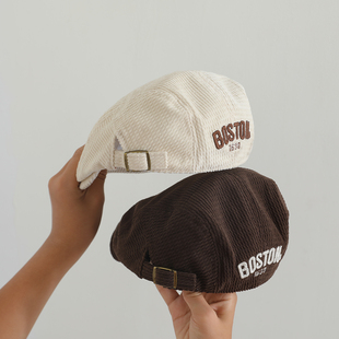 宝宝前进帽秋冬季韩版时尚儿童刺绣字母贝雷帽男女童灯芯绒画家帽