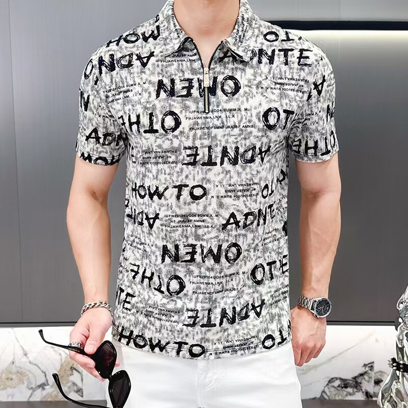 2025新款高端冰丝半拉链短袖t恤男痞帅夏季Polo领印花刺绣高级感