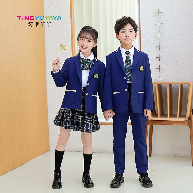 童装校服套装春季新款幼儿园园服小学生英伦班服西装格子裙三件套