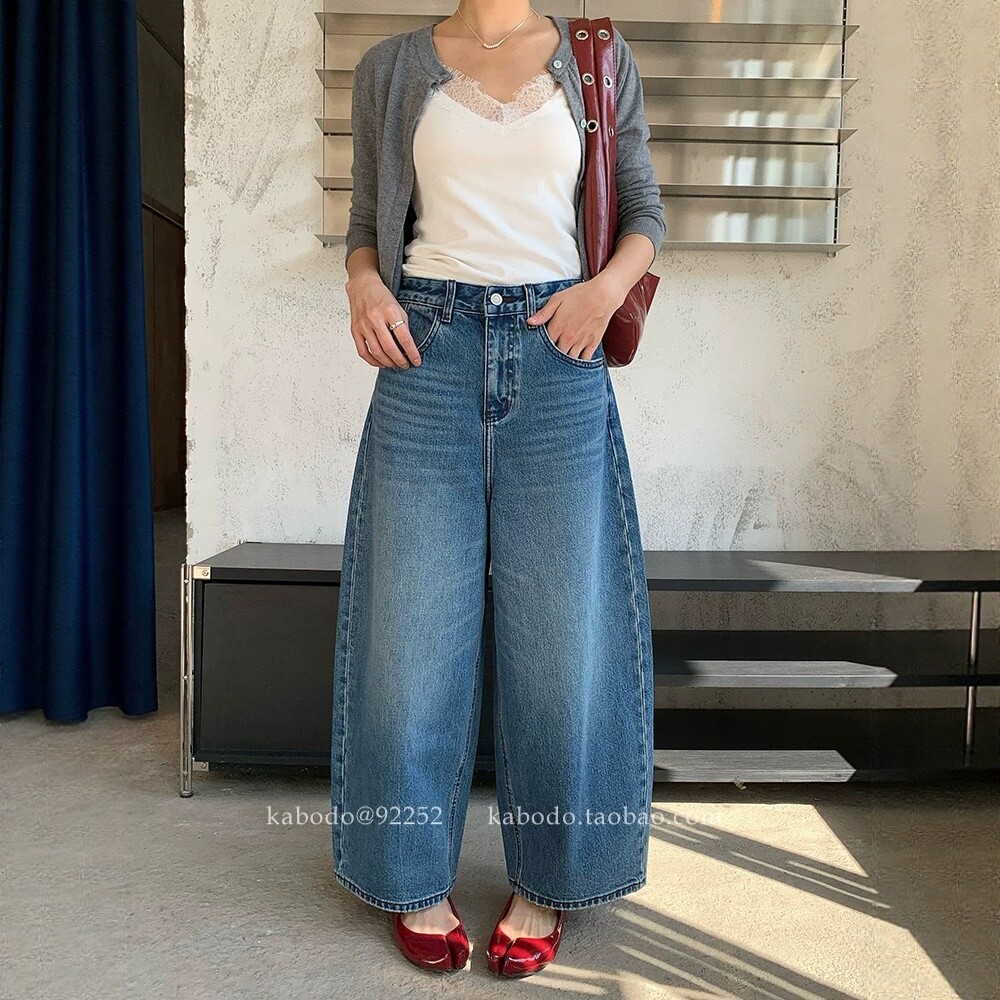 巴布92252牛仔裤女2026春季新款宽松阔腿裤Kabodo高腰九分弯刀裤图片