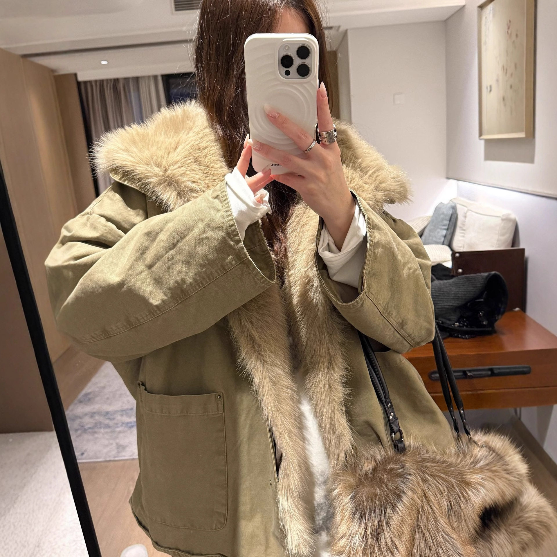 冬季小暖炉~重磅时尚精仿狐狸毛工装休闲风派克棉服外套
