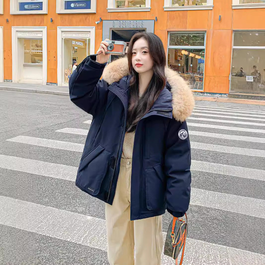 男女情侣工装外套2025冬新款毛领派克羽绒服女短款宽松韩版小个子