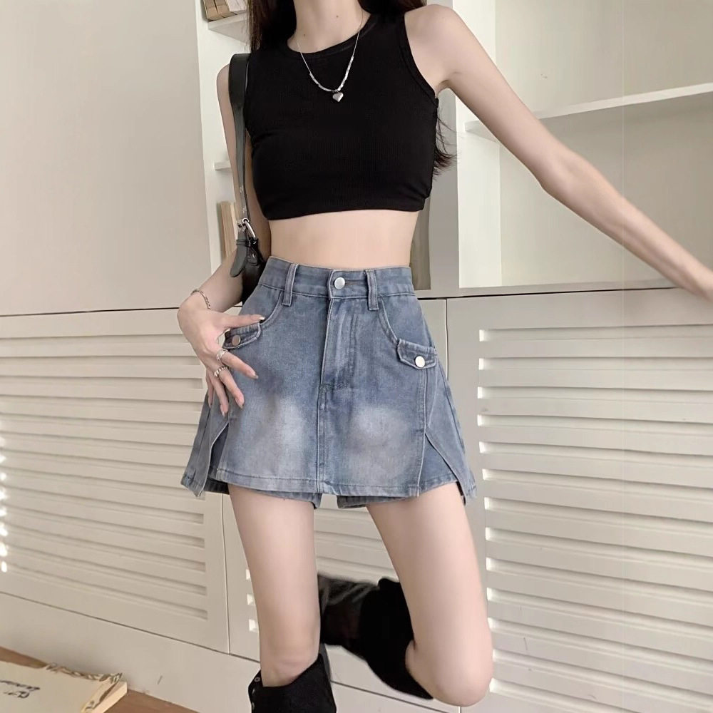 设计感独特别致牛仔半身短裙夏季大码胖mm高腰显瘦a字假两件裙裤