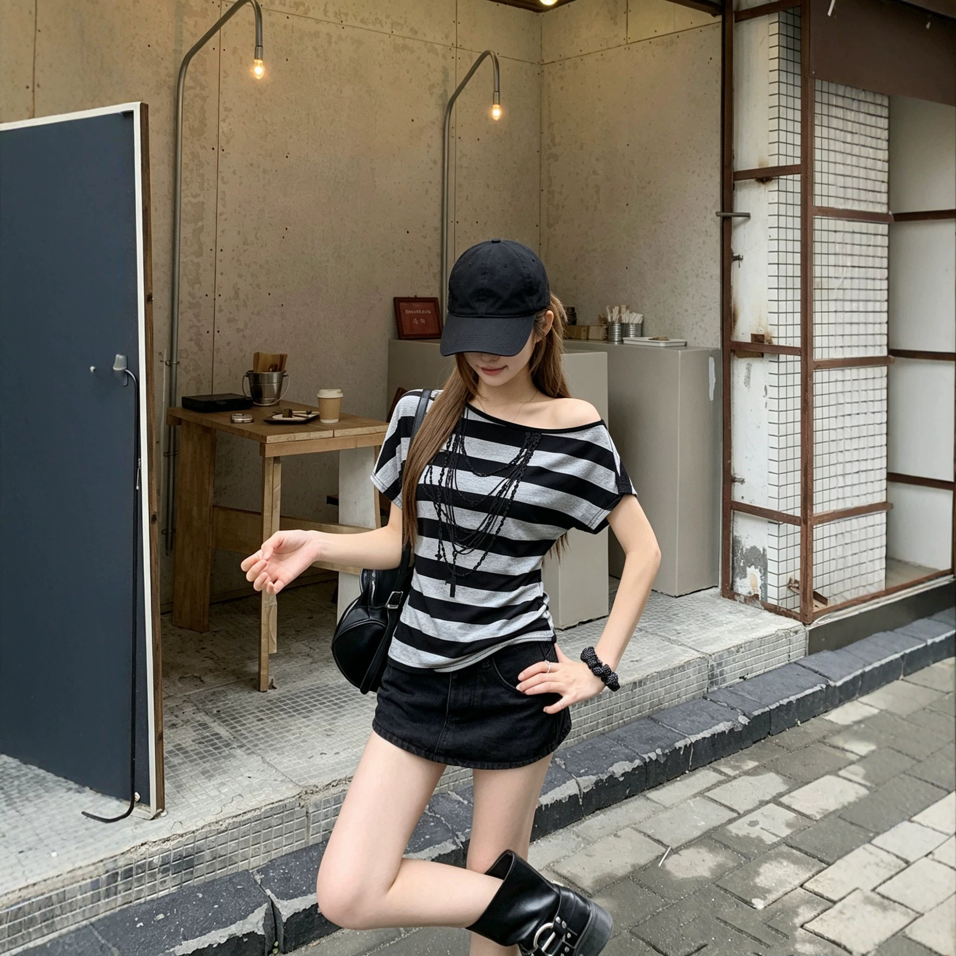 撞色条纹一字肩短袖T恤女夏季设计感宽松显瘦打底衫辣妹露肩上衣