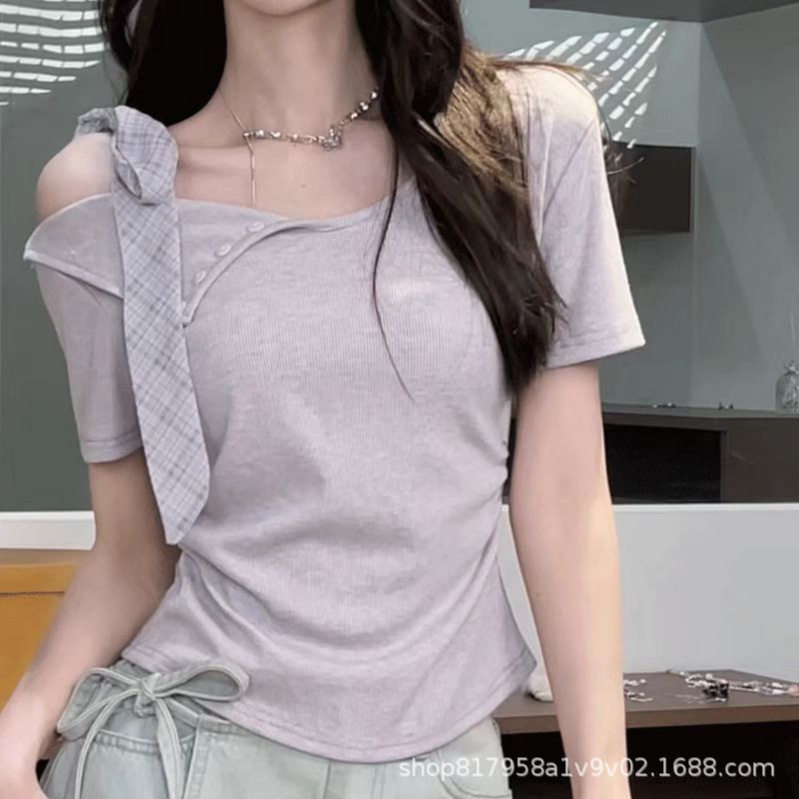 法式时尚绑带不规则设计感短袖t恤女夏季露肩小众修身显短款上衣