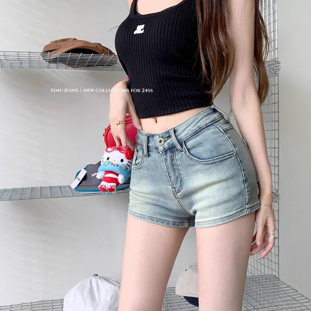 美式辣妹水洗浅色牛仔短裤女2025夏季复古高街修身显瘦包臀热裤子