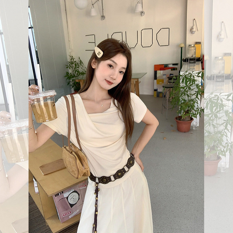 温柔褶皱不规则一字领露肩短袖T恤女2026夏季新款小众设计感上衣
