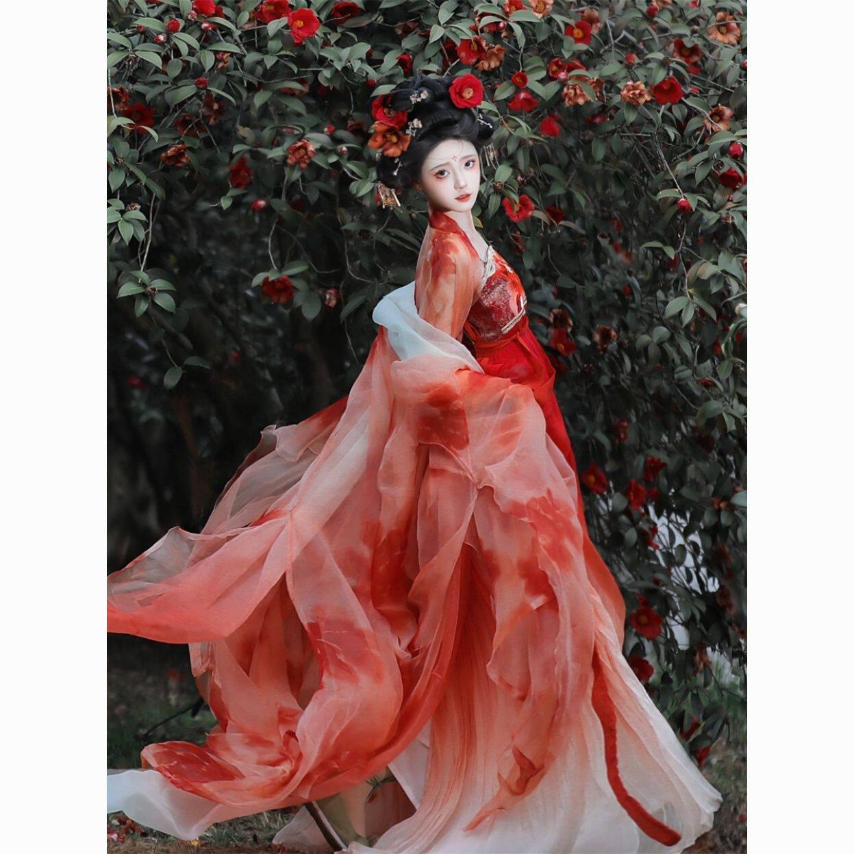 云韵汉服追鱼唐制齐胸诃子裙花瓣破烂大袖红锦鲤超仙汉元素春夏