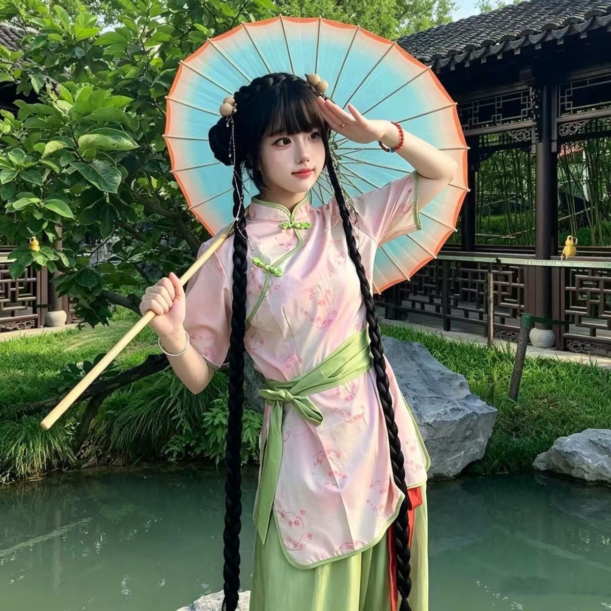 网红爆款汉服小厨娘cos小师妹立领旗袍修身气质显瘦国风短袖旗袍
