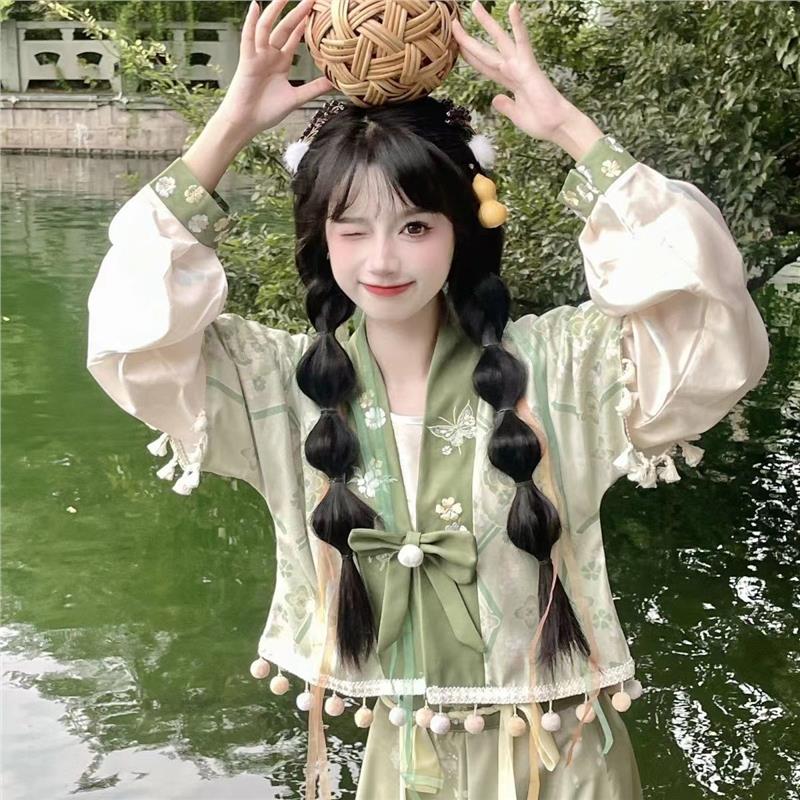 原创汉服初识绣花对襟外套唐褙国潮圆领套头破裙元素套装新款日常