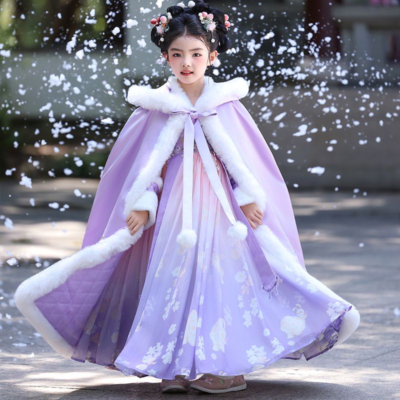 汉服女童冬季加绒古装拜年服女孩冬装中国风过年加厚唐装连衣裙子