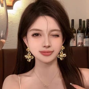 中古vintage花朵金属重工耳环高级感夸张金色名媛礼服耳坠耳饰品