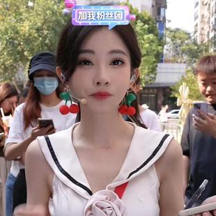 网红冯提莫同款超甜酷个性耳秋冬新款毛线樱桃耳环红色耳钩耳饰女