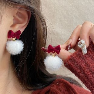 新年喜庆红色蝴蝶结毛球耳环女银针新款秋冬圣诞甜美气质可爱耳饰