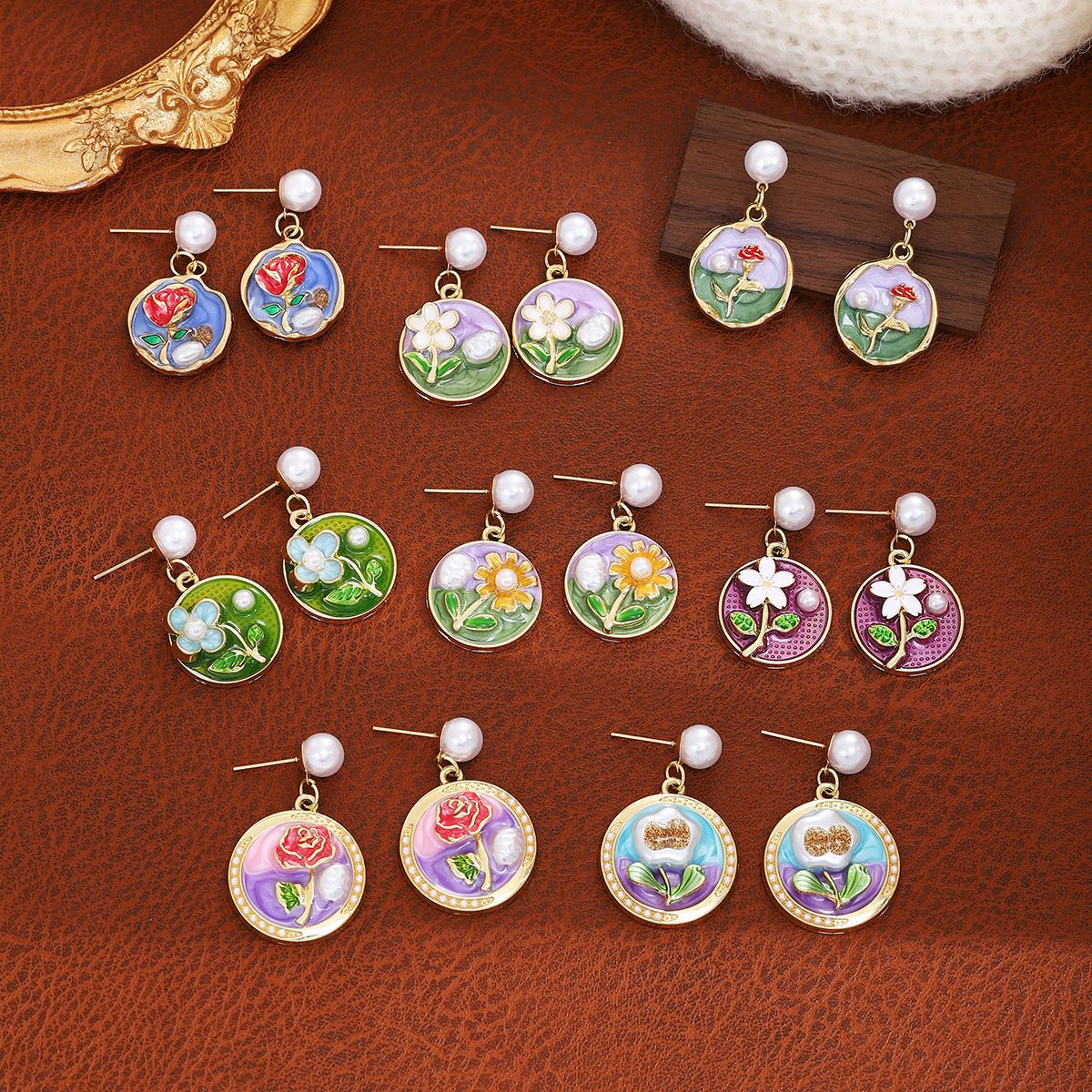 法式莫奈花园彩色滴油花朵耳坠 森系轻奢高级感清新时尚气质耳环