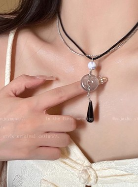 仿天然石吊坠锁骨链新中式国风平安扣毛衣链潮时尚通勤百搭卫衣链