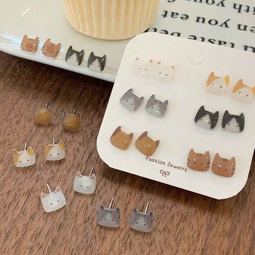 日系可爱猫咪脑袋耳钉女银针套装卡通树脂小巧精致设计感学生耳饰