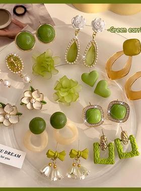 春夏绿色花朵耳环女高级感气质耳钉2024年新款小众设计感耳坠耳饰