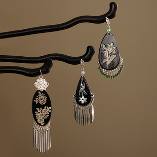 小众设计国风新中式螺钿发簪耳环银色流苏气质黑檀木旗袍发饰耳饰