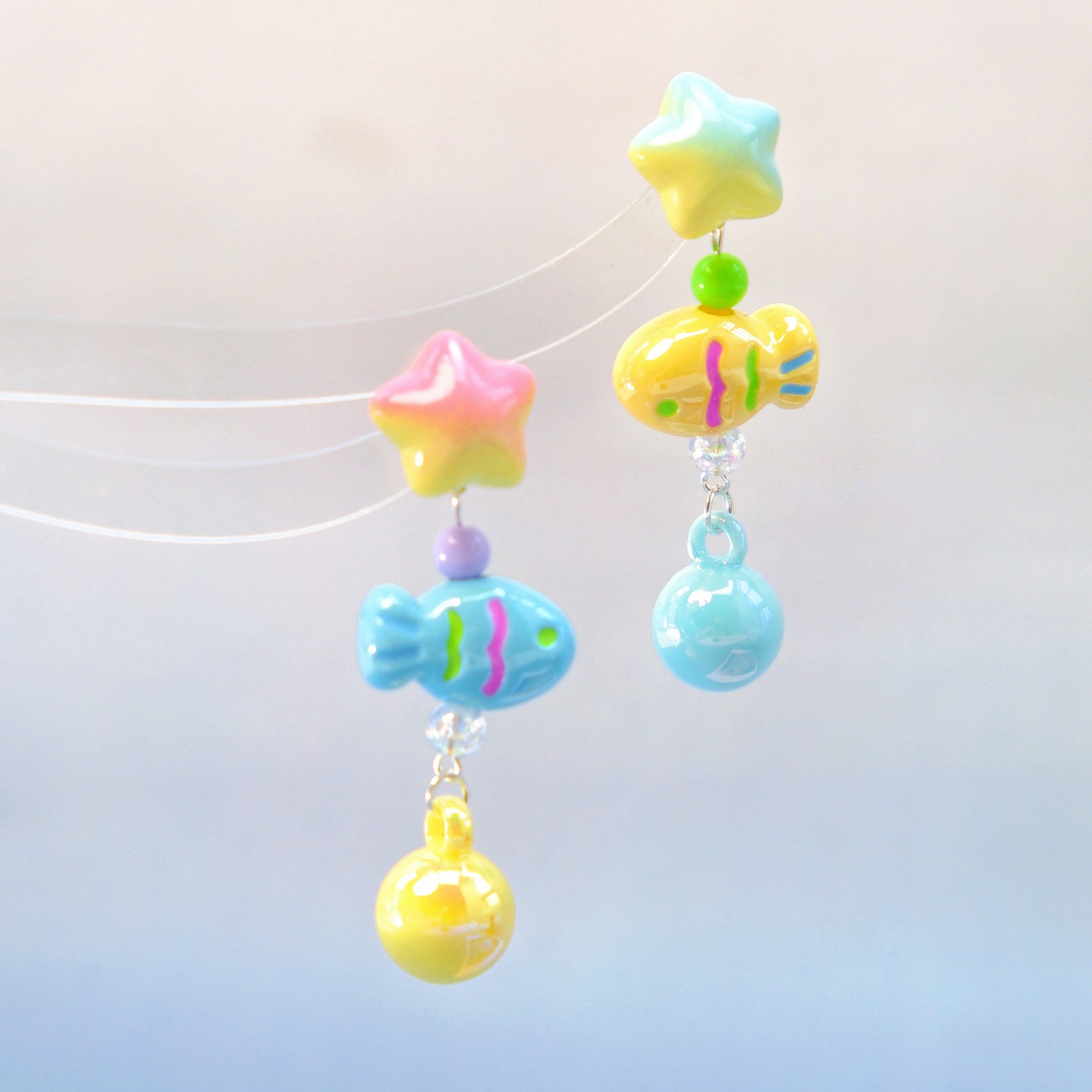 甜妹多巴胺可爱立体彩色金鱼吊坠耳环简约个性五角星长款耳饰耳夹