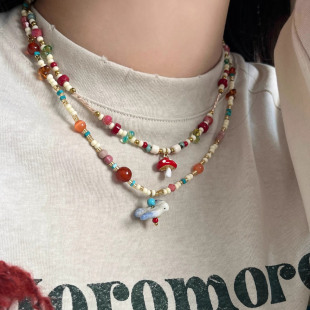 春夏甜美小众手作彩色天然石米珠项链可爱蘑菇鸽子复古锁骨链女