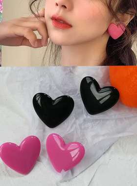 限时包邮胖鼓鼓玫粉色心心耳钉Fruta夸张大size大桃心爱心耳夹