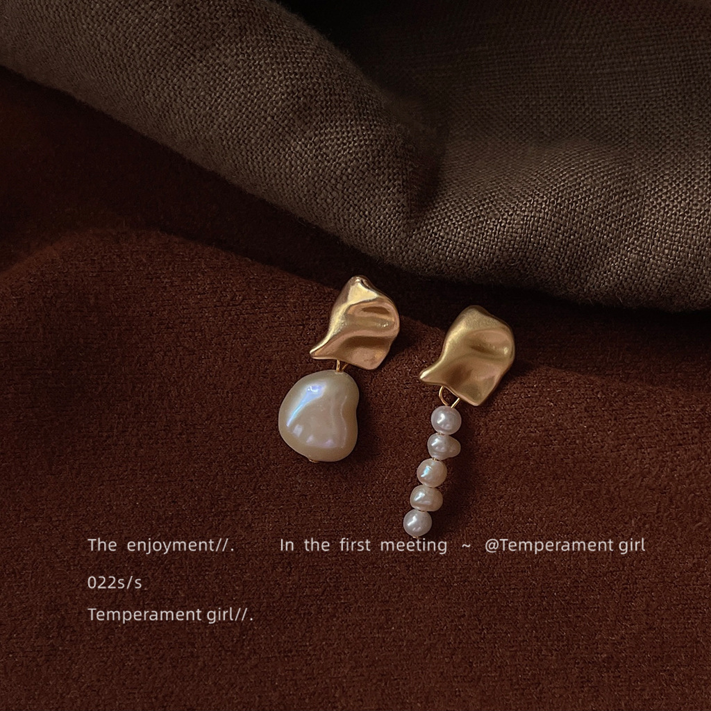 法式淡水珍珠女不对称耳环