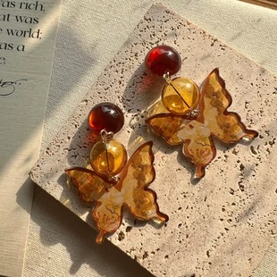 新中式国风墨染蝴蝶耳环女小众设计感枯叶蝶耳钉古风汉服旗袍耳饰