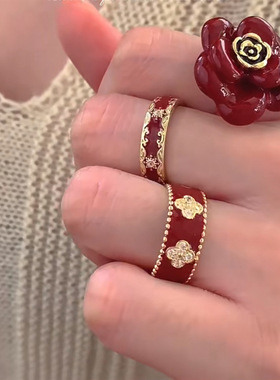 法式滴油山茶花锆石戒指 红色新年氛围感手饰饰品指环叠戴ins尾戒