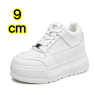 松糕鞋 板鞋 系带拼色百搭 女小个子休闲鞋 9cm真皮厚底内增高小白鞋