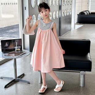 时尚 韩版 女童洋气连衣裙2024夏装 新款 休闲中大童背心吊带裙两件套