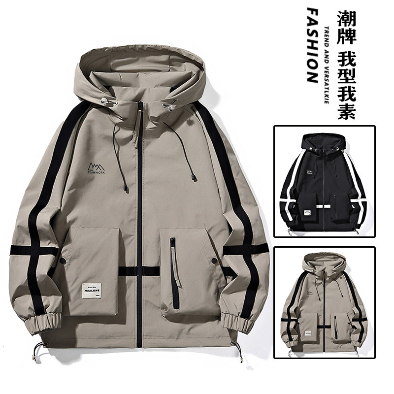 新款春秋连帽宽松工装潮山系户外防水拼色休闲男女情侣冲锋衣外套
