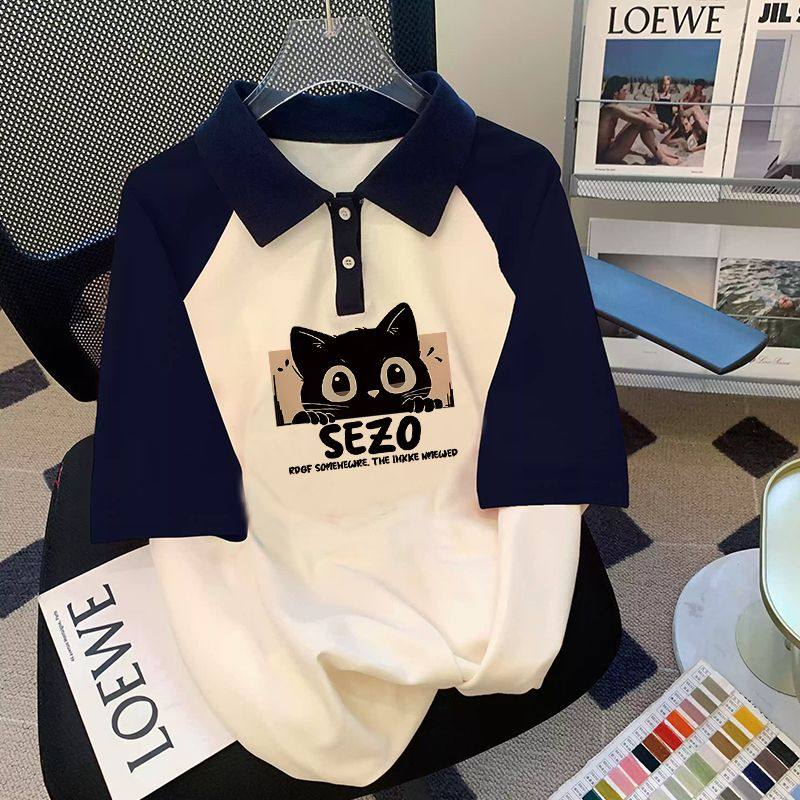 复古插肩POLO衫短袖T恤女大童