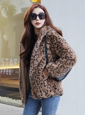 豹纹皮草大衣女秋冬羊羔毛熊耳朵连帽韩版獭兔毛毛绒长袖加厚外套