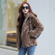 豹纹皮草大衣女秋冬羊羔毛熊耳朵连帽韩版 獭兔毛毛绒长袖 加厚外套