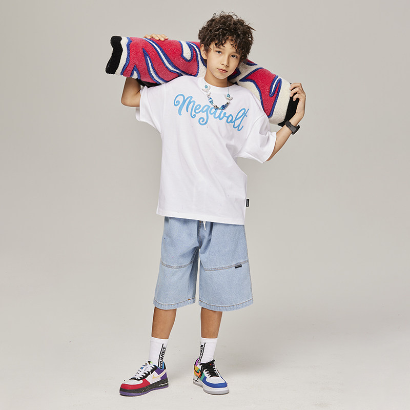 MEGAVOLT 儿童夏季街舞演出服男女童白色纯棉短袖T恤牛仔短裤套装,童装/婴儿装/亲子装,儿童演出服,淘宝优惠券,粉丝福利购,淘宝优惠卷