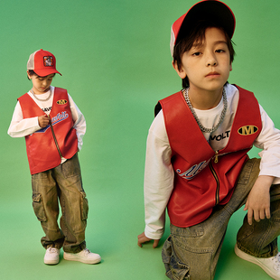 MEGAVOLT街舞服装男童红色嘻哈皮马甲美式复古牛仔裤儿童演出服秋
