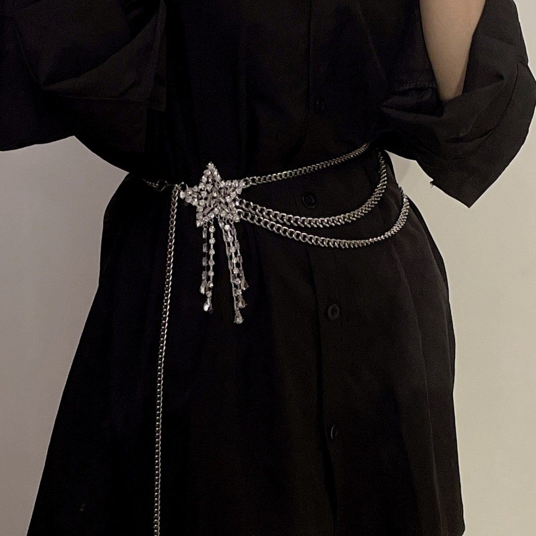 秋冬朋克金属链水钻五角星流苏腰链女休闲装饰金属链条腰带裤链潮