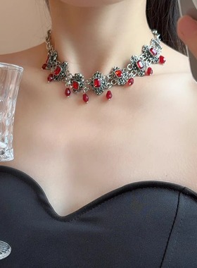 高级感镶红色水晶流苏项链哥特风