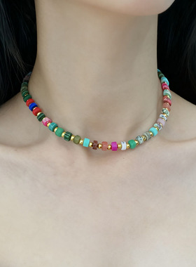 多巴胺复古彩色飞盘石串珠项链女
