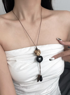 复古圆形木制串珠水滴吊坠项链女