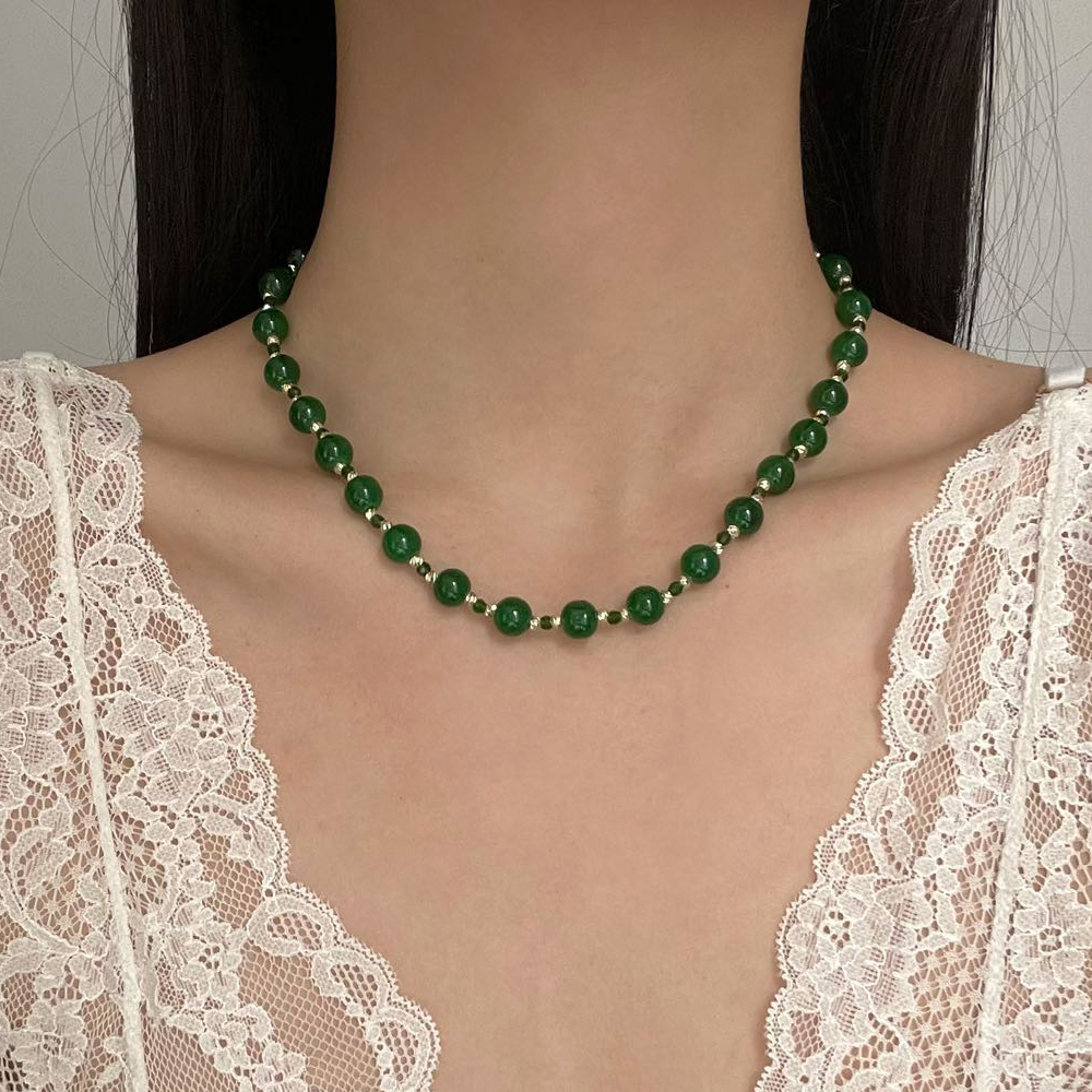 新中式复古翡翠绿色串珠项链女