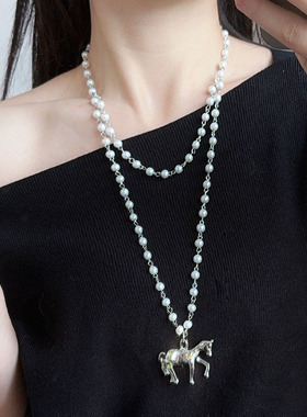 韩系ins风珍珠小马吊坠项链女款