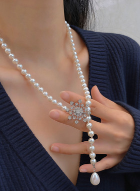 镶钻雪花珍珠串珠项链毛衣链长款