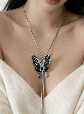韩式复古滴油蓝色蝴蝶抽拉项链女