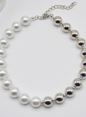时尚潮流金属球拼接珍珠串珠项链