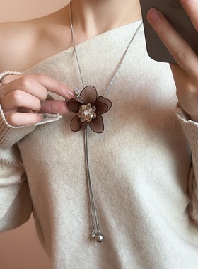 复古咖色镶钻网纱花朵吊坠项链女